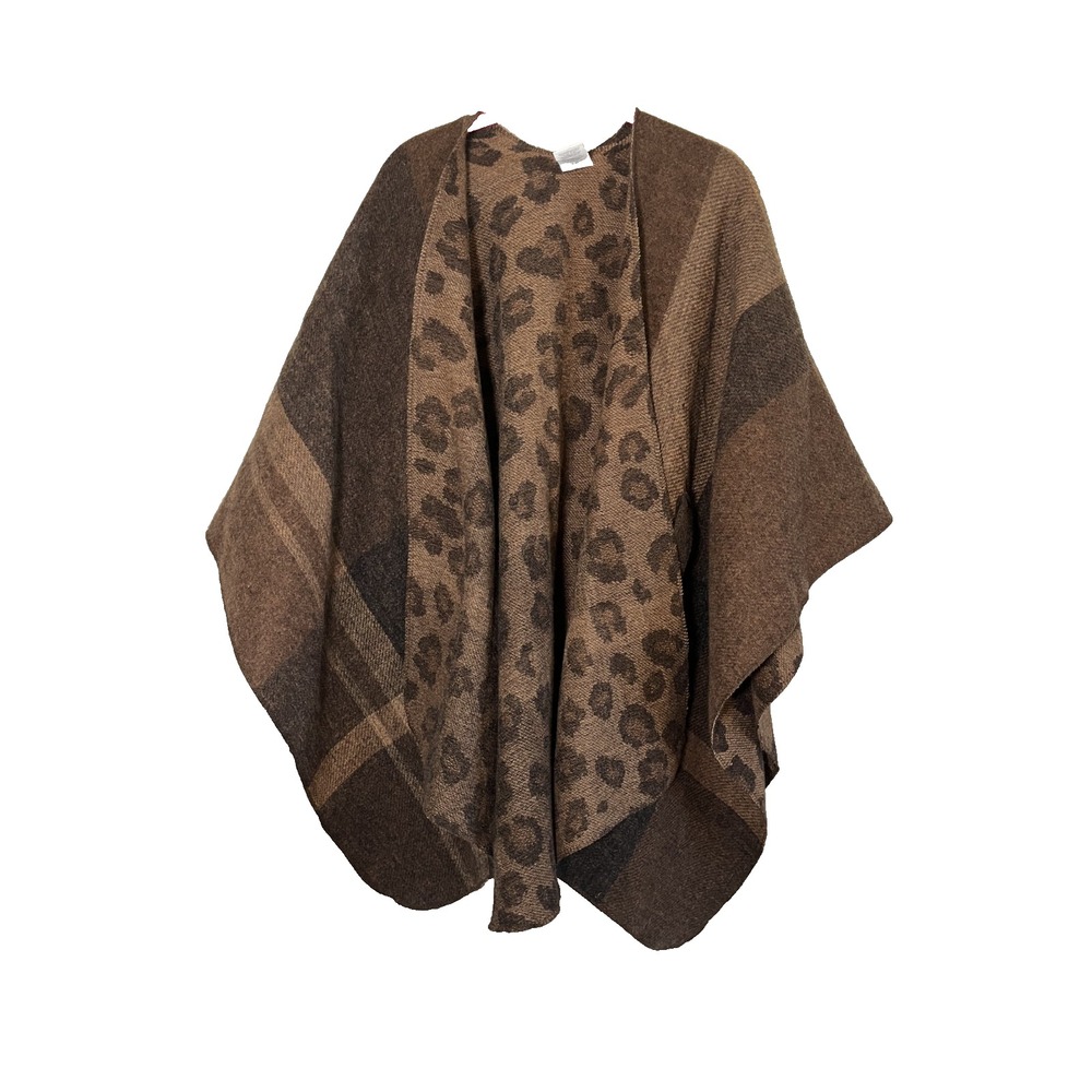 Woolrich Animal Print Poncho Brown OS Plaid Sweater Fuzzy Neutral Lagen Earthy